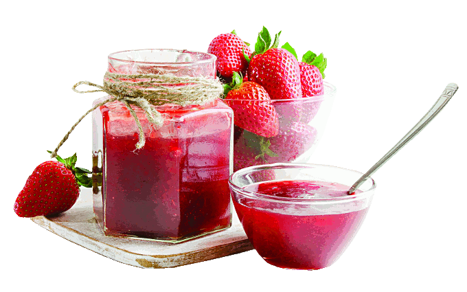 Pszczoły latające nad dżemem i truskawkami